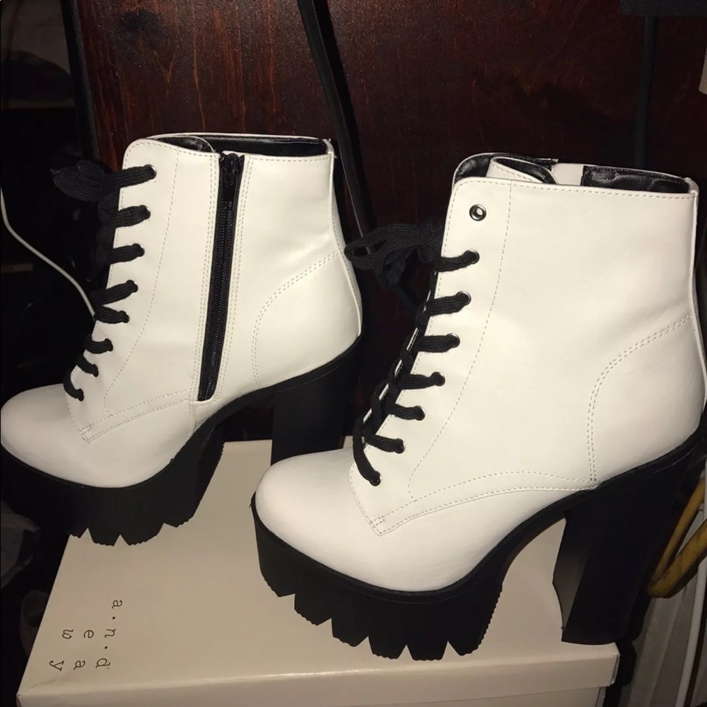 White Platform lug ankle boots with black sole